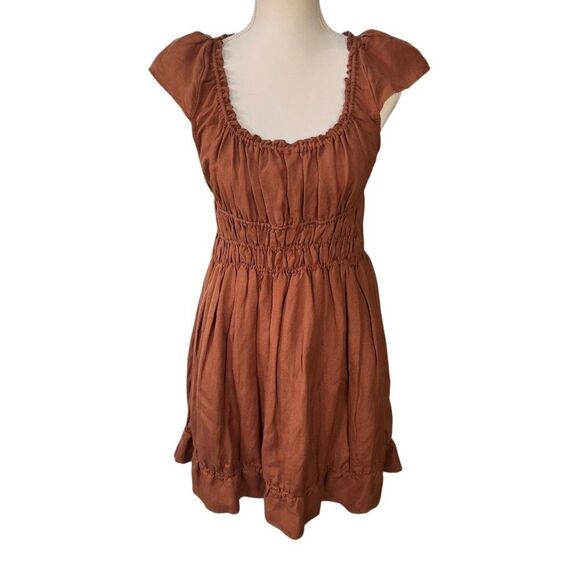 Anthropologie Smocked Waist Linen Blend Mini Dress Brown Size Large - Picture 1 of 7